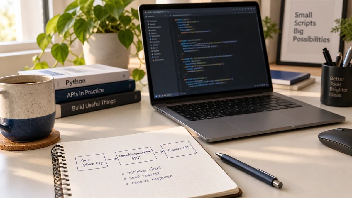 Ноутбук и блокнот со схемой подключения приложения к Gemini API; иллюстрация создана с помощью ИИ
